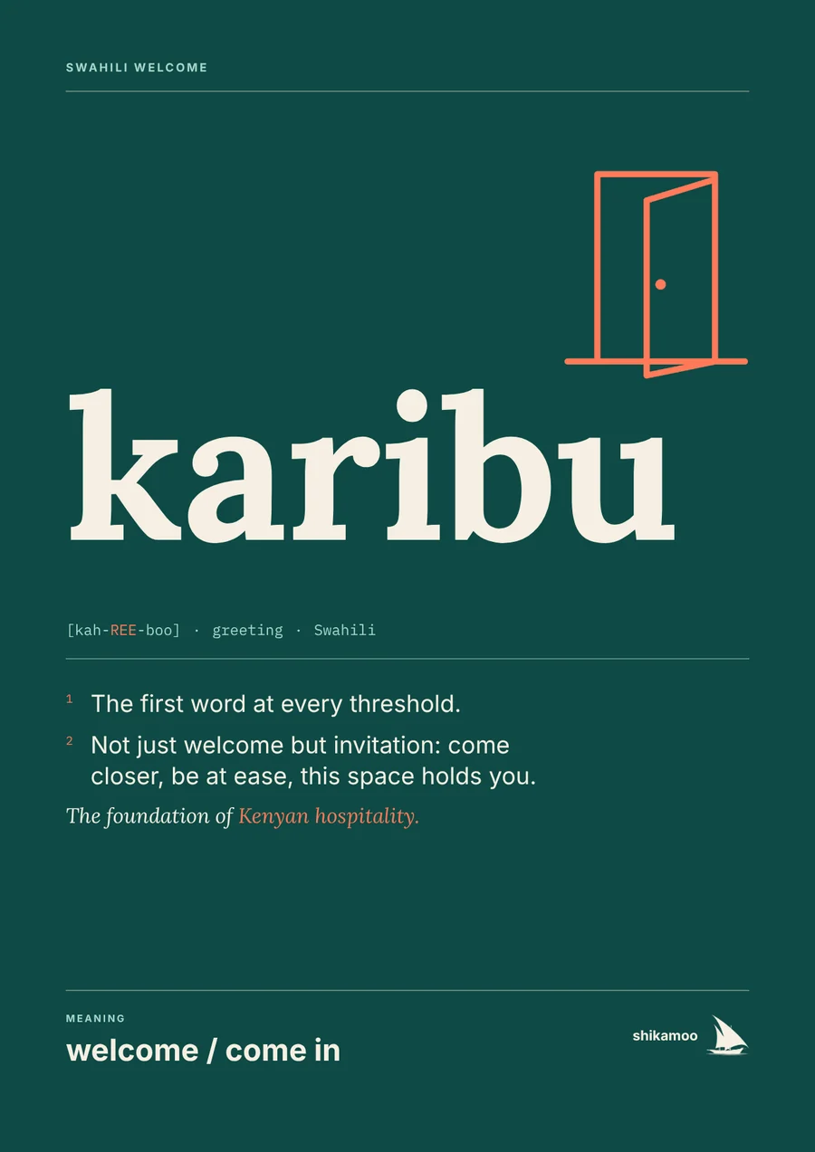 karibu poster, teal: welcome / come in